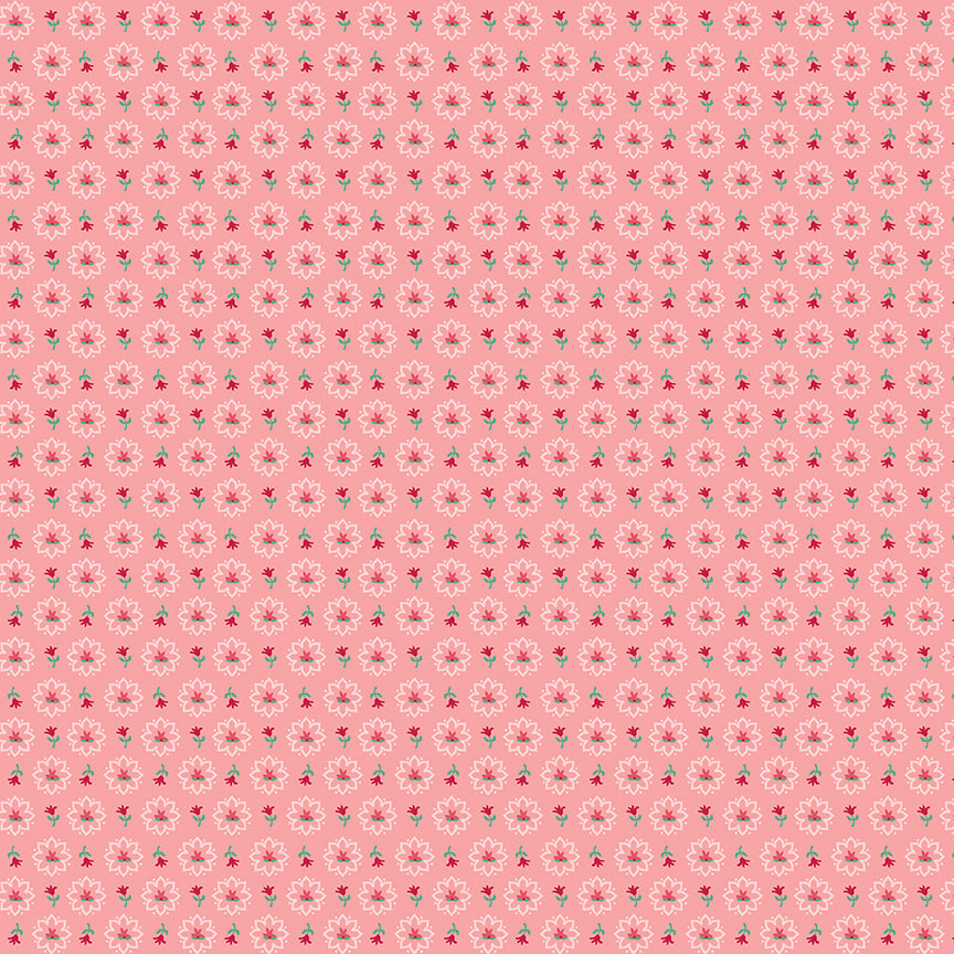 Pattern Heritage Coral, a calico small scale print with vintage-style small geometric florals. Fabric pattern is from The Berry & Sage fabric collection by Lori Holt for Riley Blake Designs which is a vintage-inspired line  characterized by a color palette of coral, tea rose, cherry, alpine, latte, and sage. The collection features a mix of delicate florals, calicos, geometrics, and plaids.