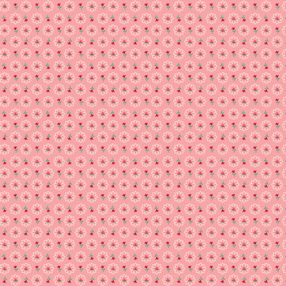 Pattern Heritage Coral, a calico small scale print with vintage-style small geometric florals. Fabric pattern is from The Berry & Sage fabric collection by Lori Holt for Riley Blake Designs which is a vintage-inspired line  characterized by a color palette of coral, tea rose, cherry, alpine, latte, and sage. The collection features a mix of delicate florals, calicos, geometrics, and plaids.