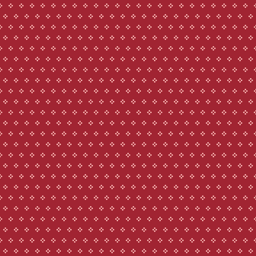 Pattern Eyelet (Cherry Tart): A pattern inspired by the small, punched-out look of eyelet fabric. Fabric pattern is from The Berry & Sage fabric collection by Lori Holt  for Riley Blake Designs which is a vintage-inspired line  characterized by a color palette of coral, tea rose, cherry, alpine, latte, and sage. The collection features a mix of delicate florals, calicos, geometrics, and plaids.