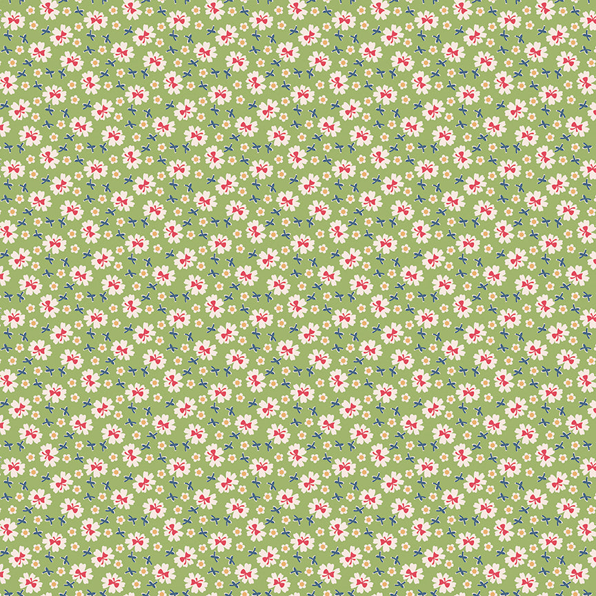 Pattern Bows thyme from The Farmer’s Daughter collection, designed by Lori Holt of Bee in My Bonnet for Riley Blake Designs, is a nostalgic and charming celebration of rural farm life. Inspired by Lori Holt’s family heritage, this 100% premium cotton collection evokes memories of simple times with a vibrant, vintage-inspired aesthetic