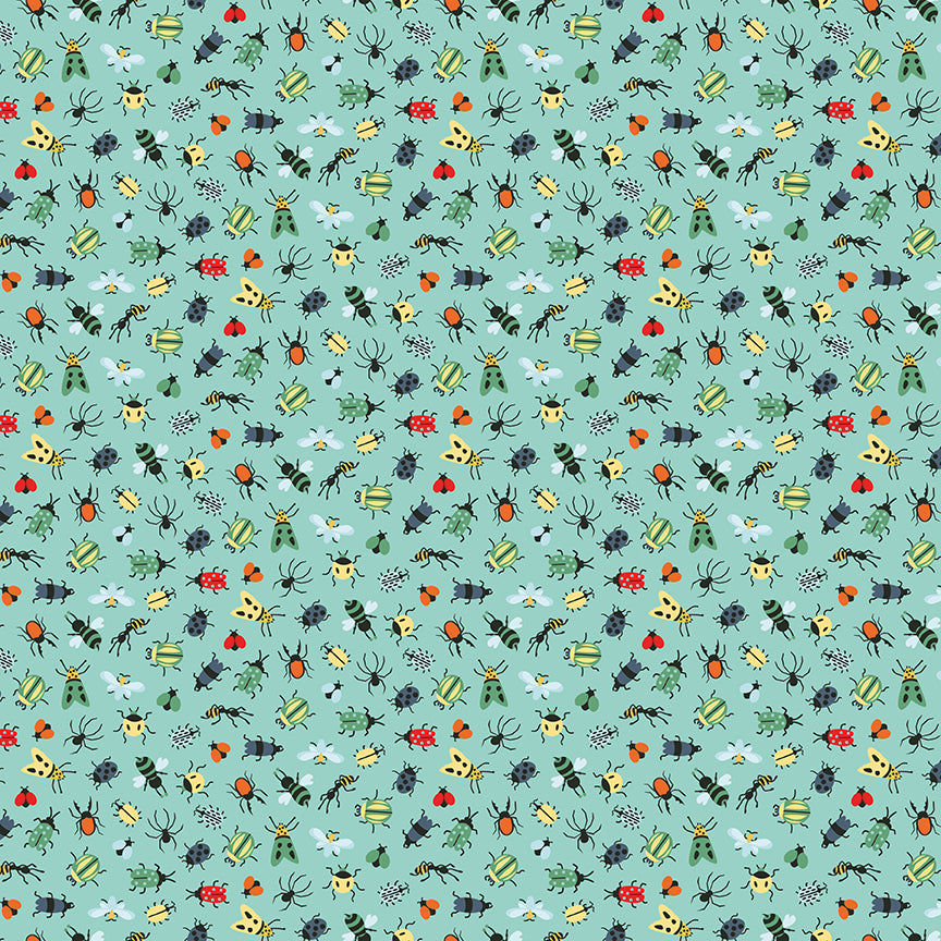 Pattern Bugs Aqua from  The Happy Haven fabric collection, designed by Shawn Wallace for Riley Blake Designs, captures the warmth, wonder, and nostalgia of carefree childhood days spent in nature. Inspired by campfires, lake days, and starry skies, it features a cozy, earthy, and classic color palette of warm greens, reds, aquas, browns, and whites.