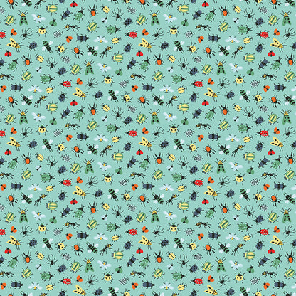 Pattern Bugs Aqua from  The Happy Haven fabric collection, designed by Shawn Wallace for Riley Blake Designs, captures the warmth, wonder, and nostalgia of carefree childhood days spent in nature. Inspired by campfires, lake days, and starry skies, it features a cozy, earthy, and classic color palette of warm greens, reds, aquas, browns, and whites.