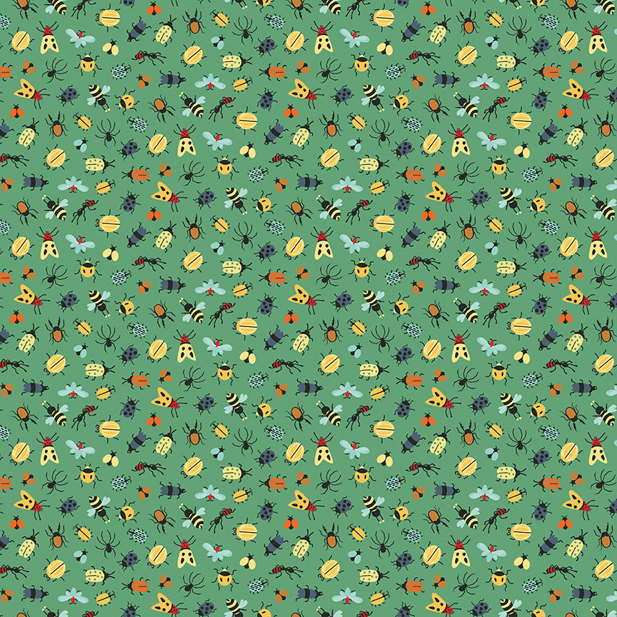 Pattern Bugs green from  The Happy Haven fabric collection, designed by Shawn Wallace for Riley Blake Designs, captures the warmth, wonder, and nostalgia of carefree childhood days spent in nature. Inspired by campfires, lake days, and starry skies, it features a cozy, earthy, and classic color palette of warm greens, reds, aquas, browns, and whites.