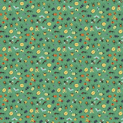 Pattern Bugs green from  The Happy Haven fabric collection, designed by Shawn Wallace for Riley Blake Designs, captures the warmth, wonder, and nostalgia of carefree childhood days spent in nature. Inspired by campfires, lake days, and starry skies, it features a cozy, earthy, and classic color palette of warm greens, reds, aquas, browns, and whites.