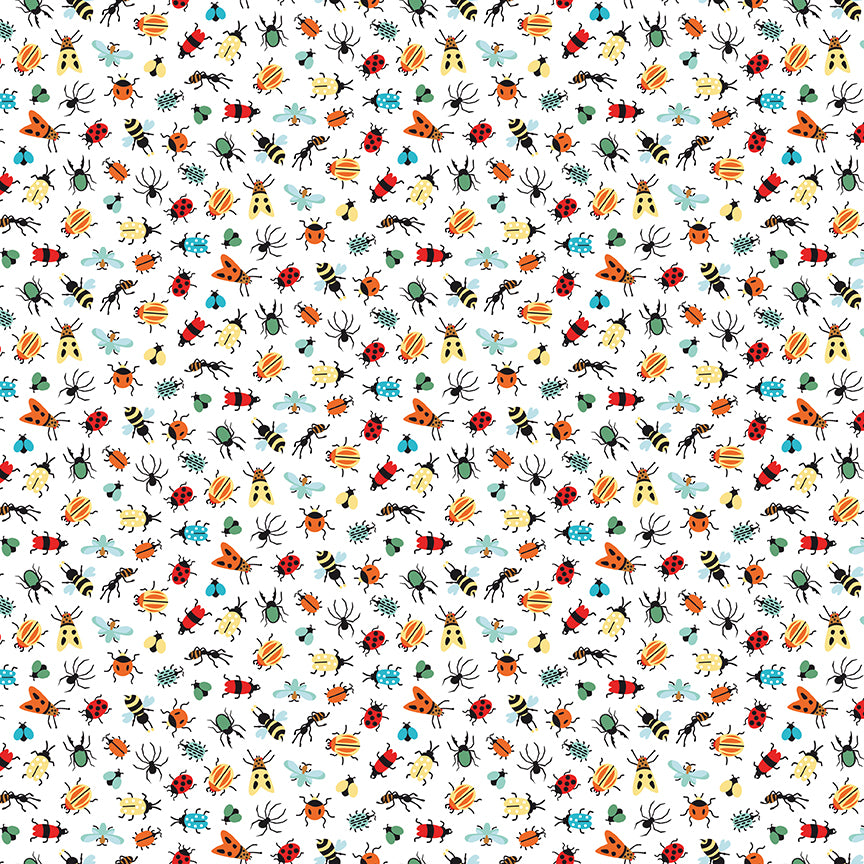 Pattern Bugs white from  The Happy Haven fabric collection, designed by Shawn Wallace for Riley Blake Designs, captures the warmth, wonder, and nostalgia of carefree childhood days spent in nature. Inspired by campfires, lake days, and starry skies, it features a cozy, earthy, and classic color palette of warm greens, reds, aquas, browns, and whites.