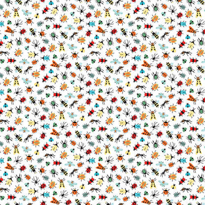 Pattern Bugs white from  The Happy Haven fabric collection, designed by Shawn Wallace for Riley Blake Designs, captures the warmth, wonder, and nostalgia of carefree childhood days spent in nature. Inspired by campfires, lake days, and starry skies, it features a cozy, earthy, and classic color palette of warm greens, reds, aquas, browns, and whites.