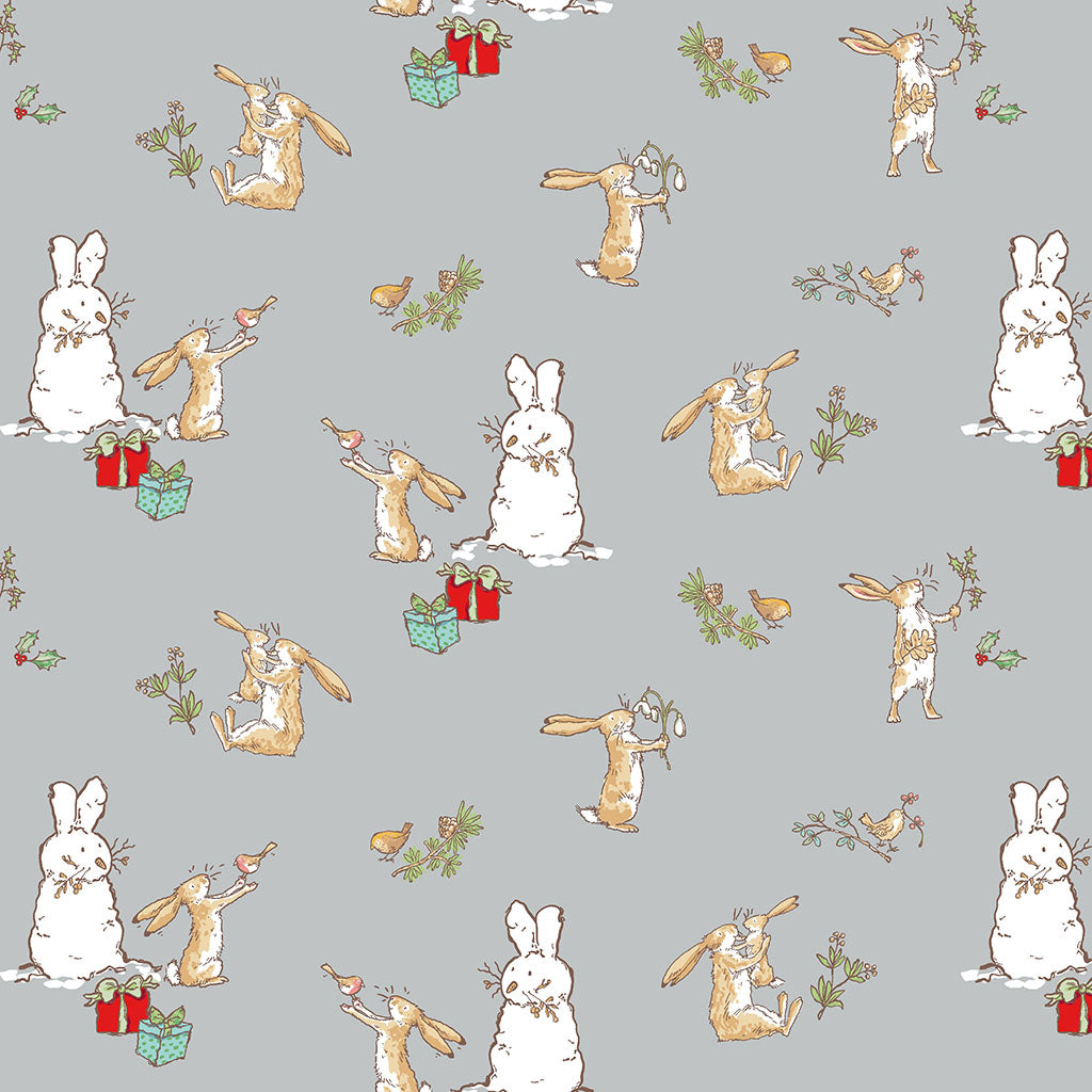 Pattern Bunnies Scenes Gray from The Guess How Much I Love You 2026 fabric collection by Anita Jeram for Clothworks Fabrics features a cozy, Christmas-themed holiday twist. It centers around Big Nutbrown Hare and Little Nutbrown Hare. The collection includes holiday motifs like bunny-snowmen, mistletoe, holly, and winter scenes.