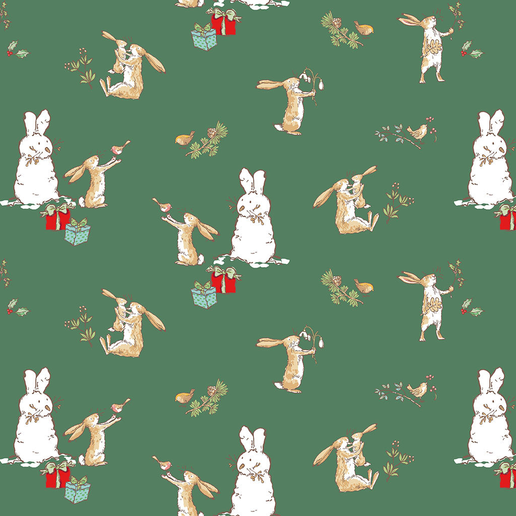 Pattern Bunnies Scenes Green from The Guess How Much I Love You 2026 fabric collection by Anita Jeram for Clothworks Fabrics features a cozy, Christmas-themed holiday twist. It centers around Big Nutbrown Hare and Little Nutbrown Hare. The collection includes holiday motifs like bunny-snowmen, mistletoe, holly, and winter scenes.