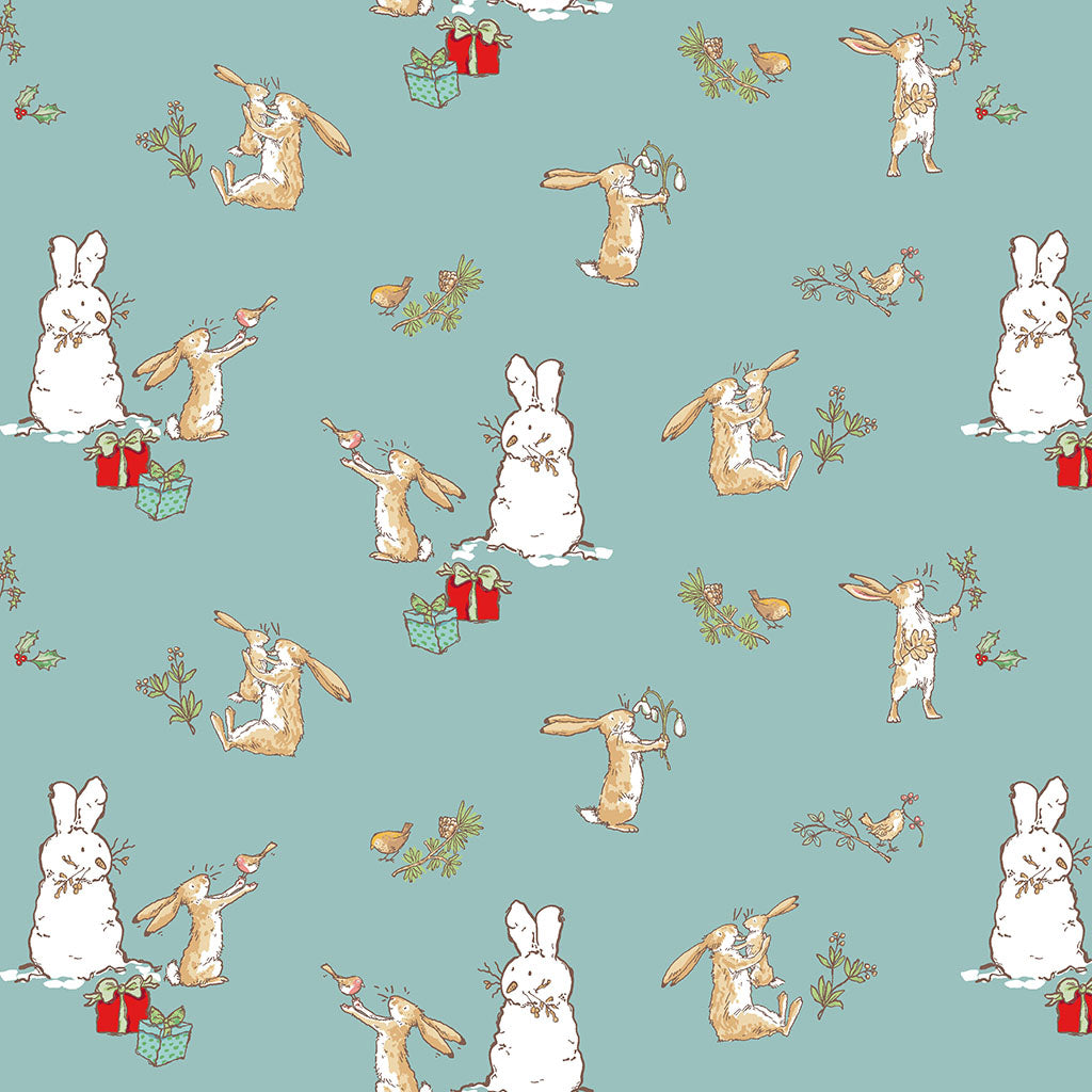 Pattern Bunnies Scenes Teal from The Guess How Much I Love You 2026 fabric collection by Anita Jeram for Clothworks Fabrics features a cozy, Christmas-themed holiday twist. It centers around Big Nutbrown Hare and Little Nutbrown Hare. The collection includes holiday motifs like bunny-snowmen, mistletoe, holly, and winter scenes.
