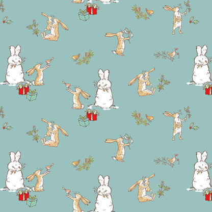 Pattern Bunnies Scenes Teal from The Guess How Much I Love You 2026 fabric collection by Anita Jeram for Clothworks Fabrics features a cozy, Christmas-themed holiday twist. It centers around Big Nutbrown Hare and Little Nutbrown Hare. The collection includes holiday motifs like bunny-snowmen, mistletoe, holly, and winter scenes.