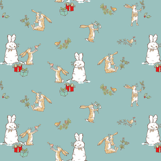Pattern Bunnies Scenes Teal from The Guess How Much I Love You 2026 fabric collection by Anita Jeram for Clothworks Fabrics features a cozy, Christmas-themed holiday twist. It centers around Big Nutbrown Hare and Little Nutbrown Hare. The collection includes holiday motifs like bunny-snowmen, mistletoe, holly, and winter scenes.