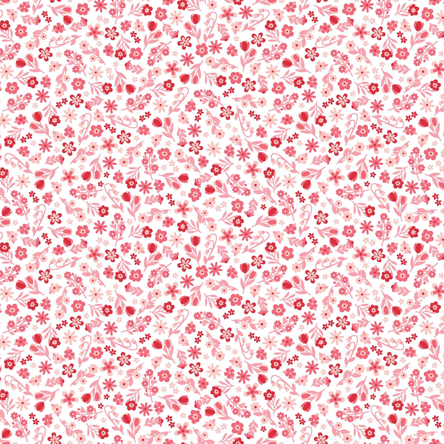Pattern Calico Flowers: A dense, joyful array of bright, multicolored calico blooms  from The Sippin' on Sunshine collection by Kimberbell for Maywood Studio celebrates summer with playful picnic and warm-weather motifs. This collection features bright citrus slices, refreshing drinks, gingham checks, and ditsy florals across a vibrant palette of sky blue, lemon yellow, pink, and red.