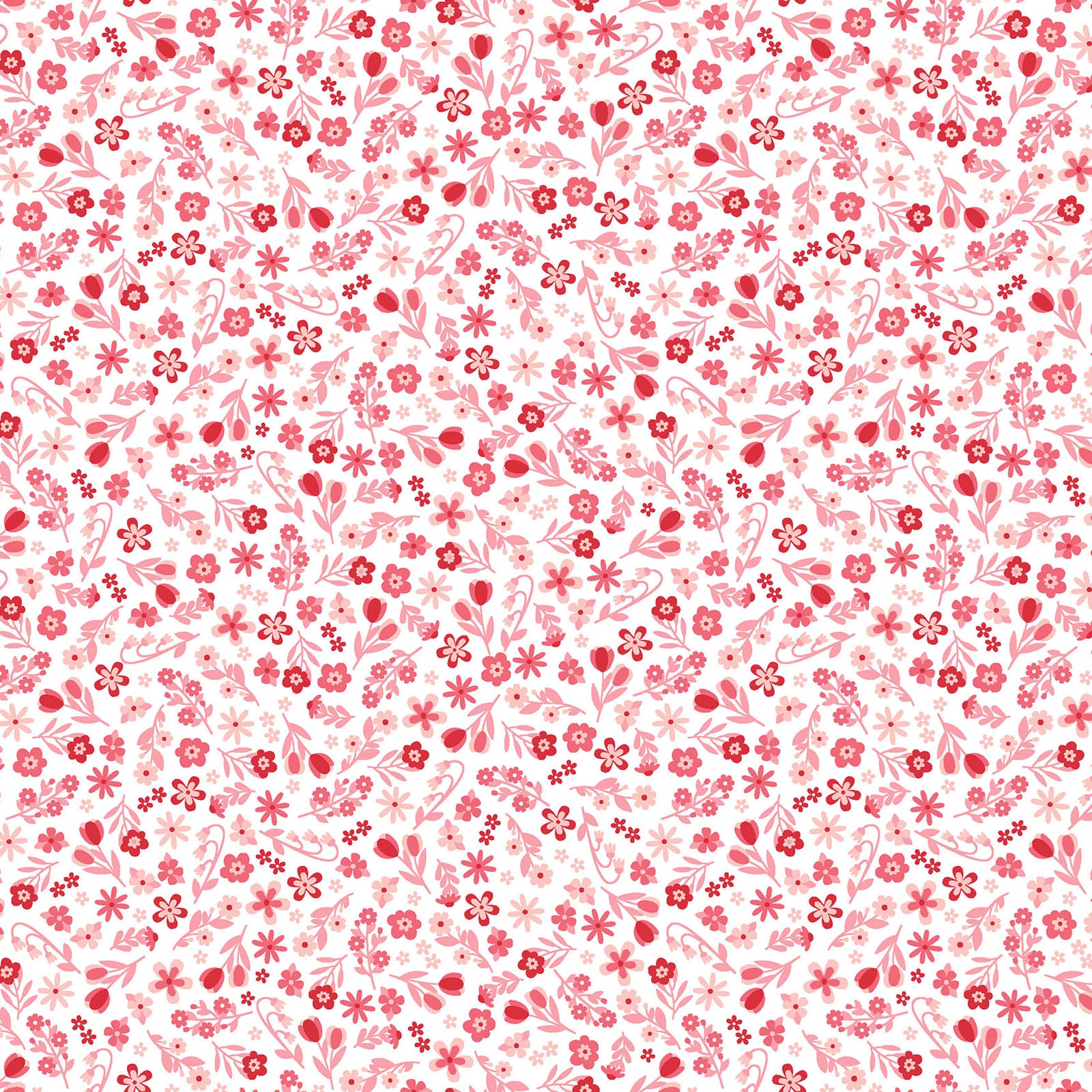 Pattern Calico Flowers: A dense, joyful array of bright, multicolored calico blooms  from The Sippin' on Sunshine collection by Kimberbell for Maywood Studio celebrates summer with playful picnic and warm-weather motifs. This collection features bright citrus slices, refreshing drinks, gingham checks, and ditsy florals across a vibrant palette of sky blue, lemon yellow, pink, and red.