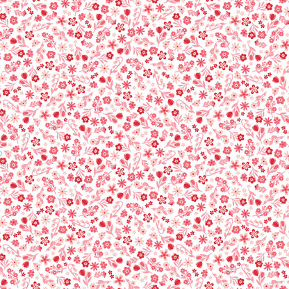 Pattern Calico Flowers: A dense, joyful array of bright, multicolored calico blooms  from The Sippin' on Sunshine collection by Kimberbell for Maywood Studio celebrates summer with playful picnic and warm-weather motifs. This collection features bright citrus slices, refreshing drinks, gingham checks, and ditsy florals across a vibrant palette of sky blue, lemon yellow, pink, and red.