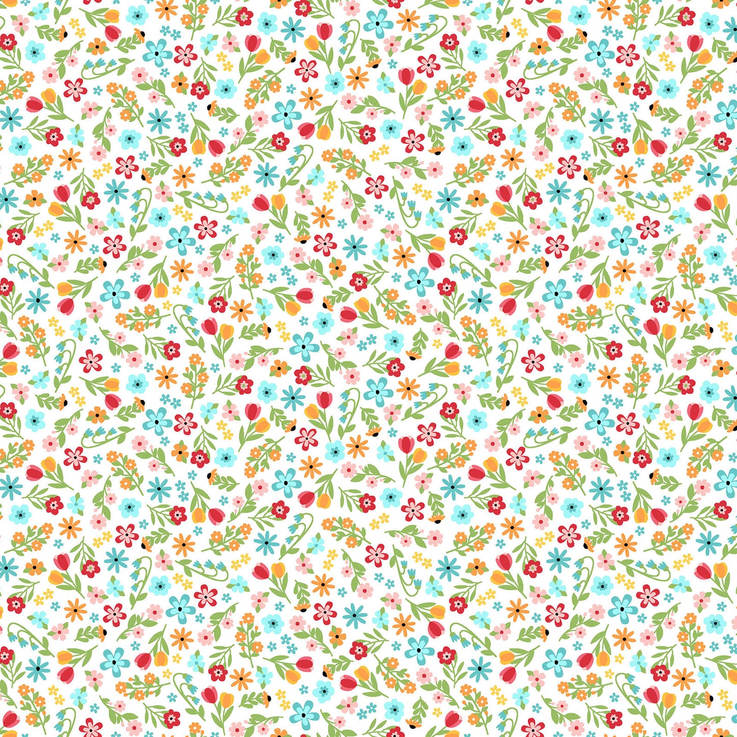 Pattern Calico Flowers: A dense, joyful array of bright, multicolored calico blooms  from The Sippin' on Sunshine collection by Kimberbell for Maywood Studio celebrates summer with playful picnic and warm-weather motifs. This collection features bright citrus slices, refreshing drinks, gingham checks, and ditsy florals across a vibrant palette of sky blue, lemon yellow, pink, and red.