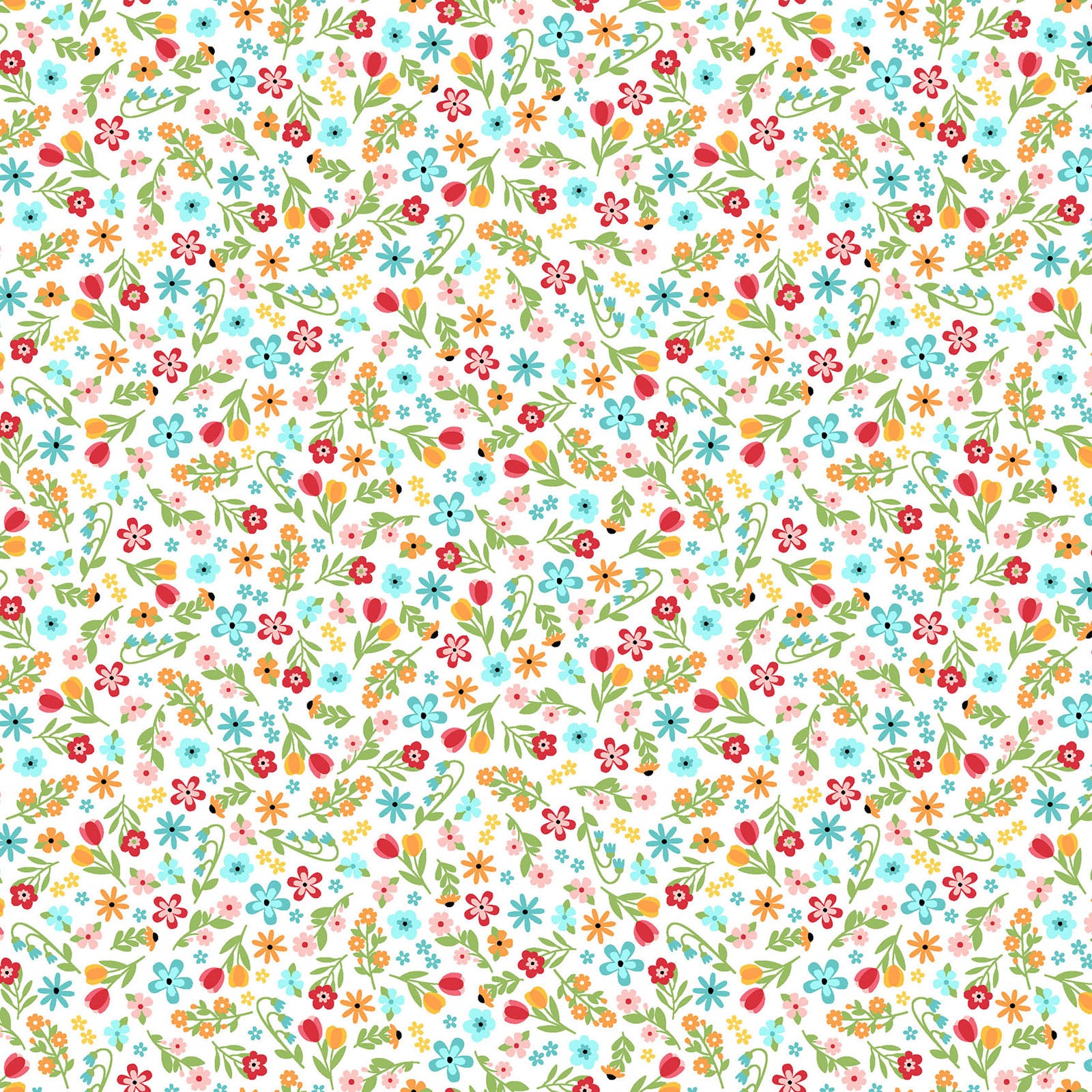 Pattern Calico Flowers: A dense, joyful array of bright, multicolored calico blooms  from The Sippin' on Sunshine collection by Kimberbell for Maywood Studio celebrates summer with playful picnic and warm-weather motifs. This collection features bright citrus slices, refreshing drinks, gingham checks, and ditsy florals across a vibrant palette of sky blue, lemon yellow, pink, and red.