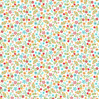 Pattern Calico Flowers: A dense, joyful array of bright, multicolored calico blooms  from The Sippin' on Sunshine collection by Kimberbell for Maywood Studio celebrates summer with playful picnic and warm-weather motifs. This collection features bright citrus slices, refreshing drinks, gingham checks, and ditsy florals across a vibrant palette of sky blue, lemon yellow, pink, and red.