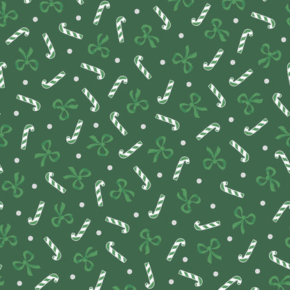 Pattern Candy Canes and Bows: A whimsical toss of candy canes outlined in shimmering metallic silver, intertwined with decorative holiday bows, background Colors: Available in Holly Green and berry Red  from The Merry Mix collection by Maywood Studio featuring a classic Christmas color palette of snow white, berry red, and holly green. It is characterized by nostalgic holiday motifs, prancing reindeer, and florals, all elevated with shimmering metallic gold and silver accent