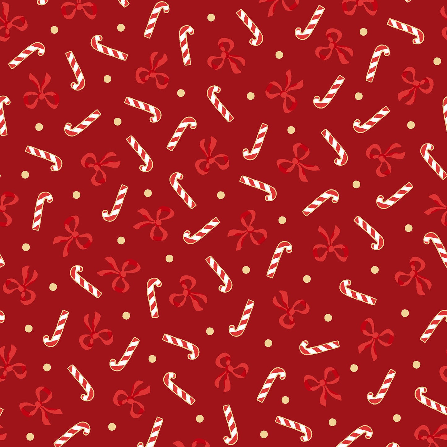 Pattern Candy Canes and Bows: A whimsical toss of candy canes outlined in shimmering metallic silver, intertwined with decorative holiday bows, background Colors: Available in Holly Green and berry Red  from The Merry Mix collection by Maywood Studio featuring a classic Christmas color palette of snow white, berry red, and holly green. It is characterized by nostalgic holiday motifs, prancing reindeer, and florals, all elevated with shimmering metallic gold and silver accent