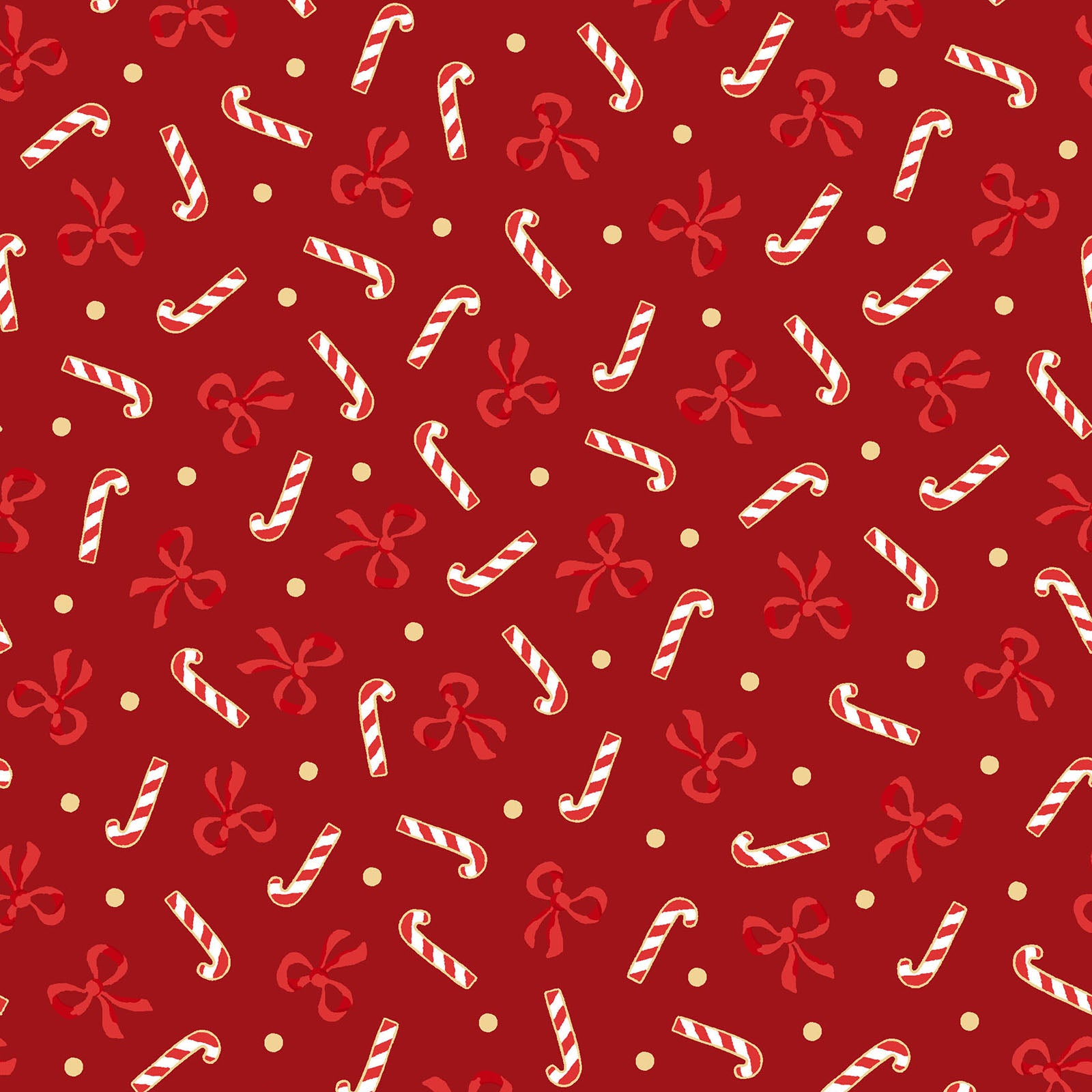 Pattern Candy Canes and Bows: A whimsical toss of candy canes outlined in shimmering metallic silver, intertwined with decorative holiday bows, background Colors: Available in Holly Green and berry Red  from The Merry Mix collection by Maywood Studio featuring a classic Christmas color palette of snow white, berry red, and holly green. It is characterized by nostalgic holiday motifs, prancing reindeer, and florals, all elevated with shimmering metallic gold and silver accent