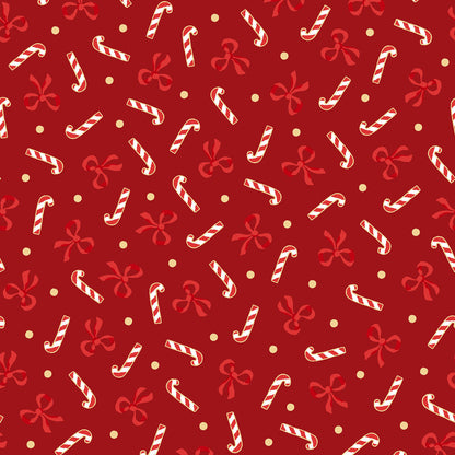 Pattern Candy Canes and Bows: A whimsical toss of candy canes outlined in shimmering metallic silver, intertwined with decorative holiday bows, background Colors: Available in Holly Green and berry Red  from The Merry Mix collection by Maywood Studio featuring a classic Christmas color palette of snow white, berry red, and holly green. It is characterized by nostalgic holiday motifs, prancing reindeer, and florals, all elevated with shimmering metallic gold and silver accent