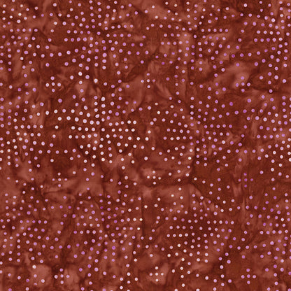 Pattern Cherry chutney from The Expressions Batiks - Ink & Nectar collection by Riley Blake Designs features authentic hand-dyed fabrics with double tjap designs. Known for their sophisticated texture, these cotton and rayon prints incorporate small pops of color over diverse background shades. These patterns frequently combine overlapping organic motifs like florals, leaves, and abstract line work onto these base colors.
