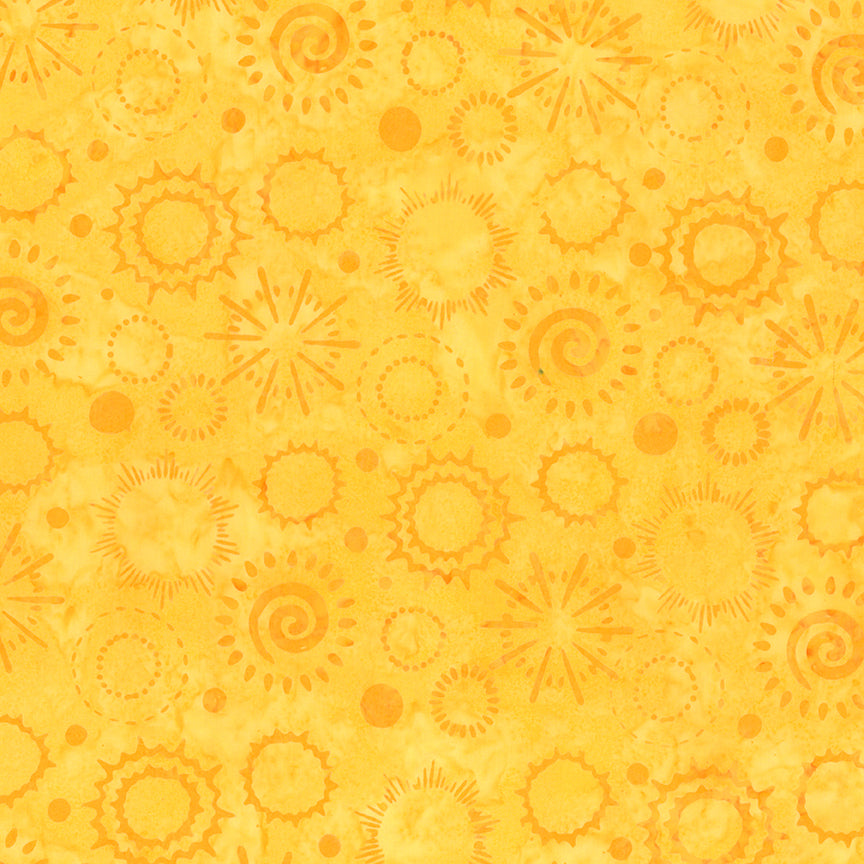 Pattern Dandelion from The Expressions Batiks - Ink & Nectar collection by Riley Blake Designs features authentic hand-dyed fabrics with double tjap designs. Known for their sophisticated texture, these cotton and rayon prints incorporate small pops of color over diverse background shades. These patterns frequently combine overlapping organic motifs like florals, leaves, and abstract line work onto these base colors.
