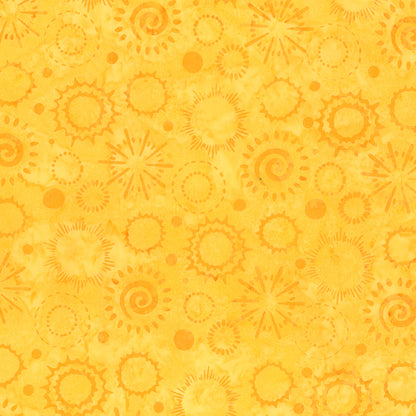 Pattern Dandelion from The Expressions Batiks - Ink & Nectar collection by Riley Blake Designs features authentic hand-dyed fabrics with double tjap designs. Known for their sophisticated texture, these cotton and rayon prints incorporate small pops of color over diverse background shades. These patterns frequently combine overlapping organic motifs like florals, leaves, and abstract line work onto these base colors.