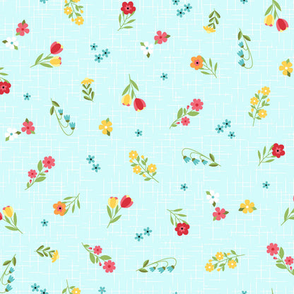 Pattern Ditsy Florals & Gingham pink: Small-scale, geometric floral arrangements alongside traditional gingham and playful polka dot patterns  from The Sippin' on Sunshine collection by Kimberbell for Maywood Studio celebrates summer with playful picnic and warm-weather motifs. This collection features bright citrus slices, refreshing drinks, gingham checks, and ditsy florals across a vibrant palette of sky blue, lemon yellow, pink, and red.