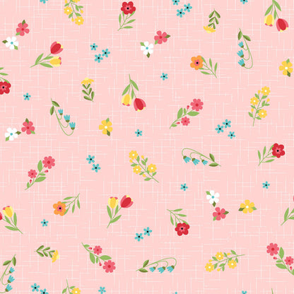 Pattern Ditsy Florals & Gingham pink: Small-scale, geometric floral arrangements alongside traditional gingham and playful polka dot patterns  from The Sippin' on Sunshine collection by Kimberbell for Maywood Studio celebrates summer with playful picnic and warm-weather motifs. This collection features bright citrus slices, refreshing drinks, gingham checks, and ditsy florals across a vibrant palette of sky blue, lemon yellow, pink, and red.