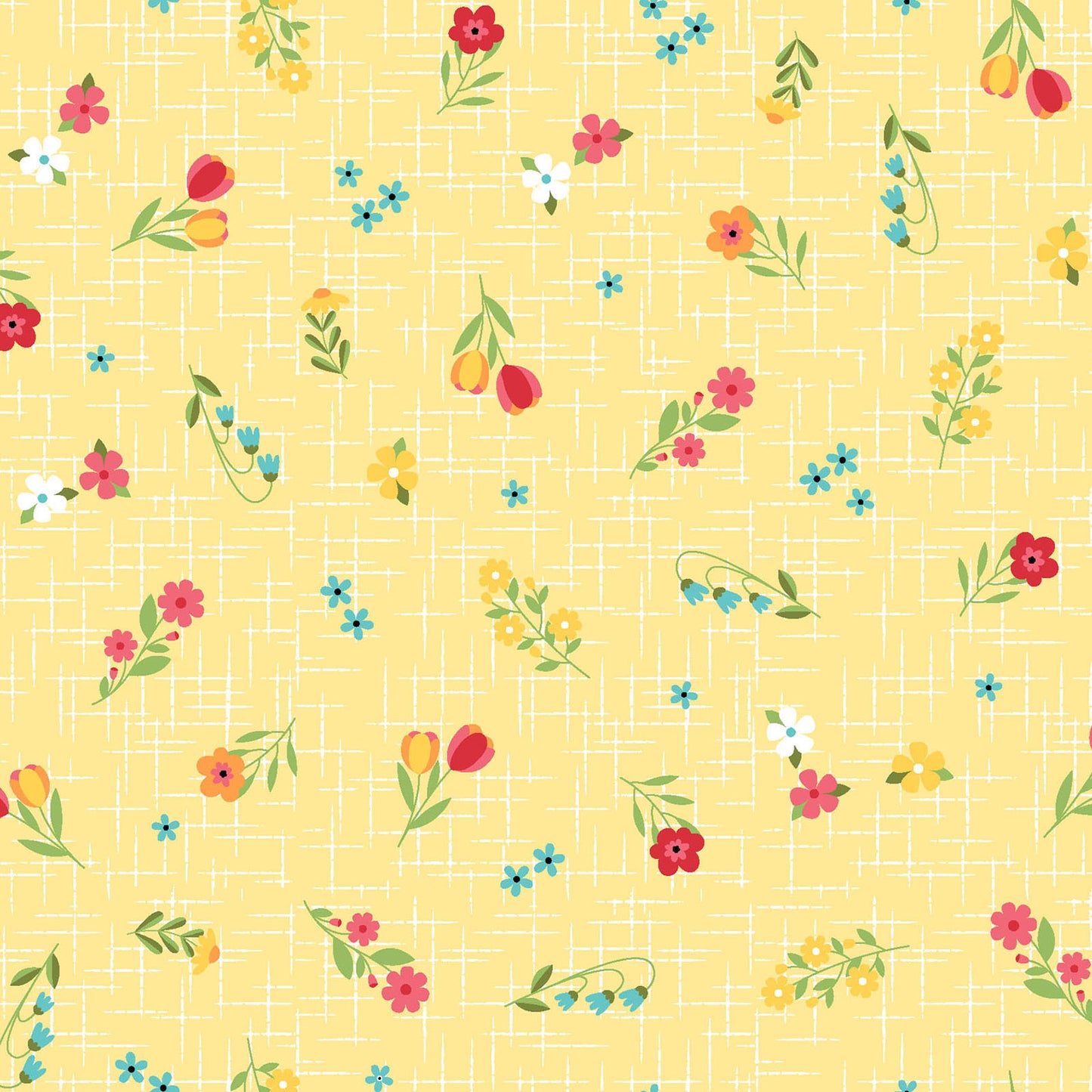 Pattern Ditsy Florals & Gingham pink: Small-scale, geometric floral arrangements alongside traditional gingham and playful polka dot patterns  from The Sippin' on Sunshine collection by Kimberbell for Maywood Studio celebrates summer with playful picnic and warm-weather motifs. This collection features bright citrus slices, refreshing drinks, gingham checks, and ditsy florals across a vibrant palette of sky blue, lemon yellow, pink, and red.
