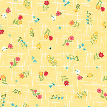 Pattern Ditsy Florals & Gingham pink: Small-scale, geometric floral arrangements alongside traditional gingham and playful polka dot patterns  from The Sippin' on Sunshine collection by Kimberbell for Maywood Studio celebrates summer with playful picnic and warm-weather motifs. This collection features bright citrus slices, refreshing drinks, gingham checks, and ditsy florals across a vibrant palette of sky blue, lemon yellow, pink, and red.