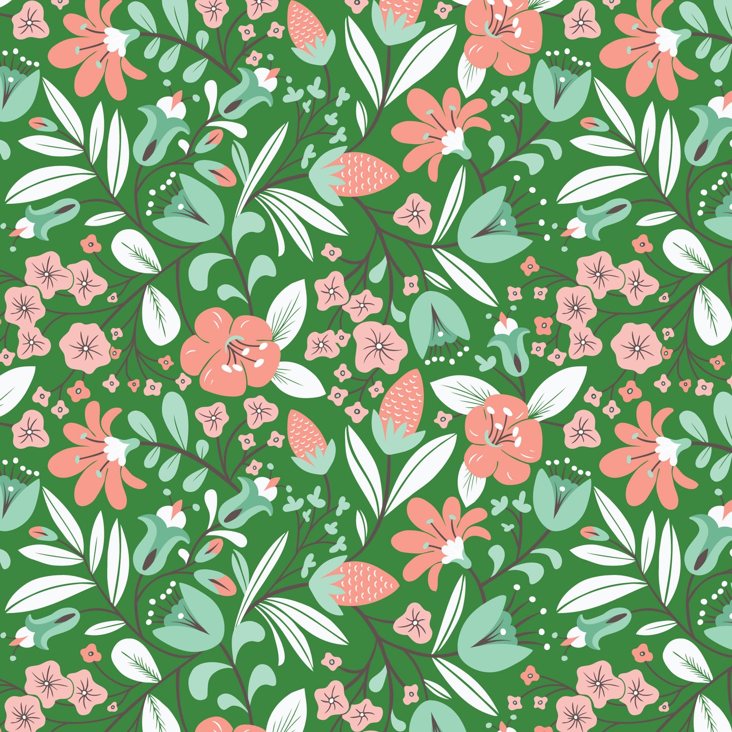 Pattern Enchanted Garden (backgrounds in Green & White): A dense botanical print featuring various blooming flowers and foliage from The Gardening Girl fabric collection by Hang Tight Studio for Cloud9 Fabrics is a 16-piece, 100% organic cotton collection inspired by springtime, blooming flowers, and the joy of gardening. The collection features a modern-yet-timeless aesthetic in a refreshing palette of coral, green, grey, and white.