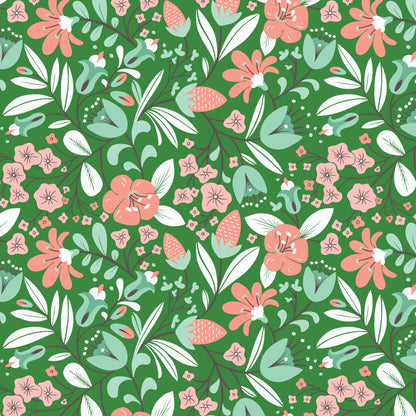 Pattern Enchanted Garden (backgrounds in Green & White): A dense botanical print featuring various blooming flowers and foliage from The Gardening Girl fabric collection by Hang Tight Studio for Cloud9 Fabrics is a 16-piece, 100% organic cotton collection inspired by springtime, blooming flowers, and the joy of gardening. The collection features a modern-yet-timeless aesthetic in a refreshing palette of coral, green, grey, and white.