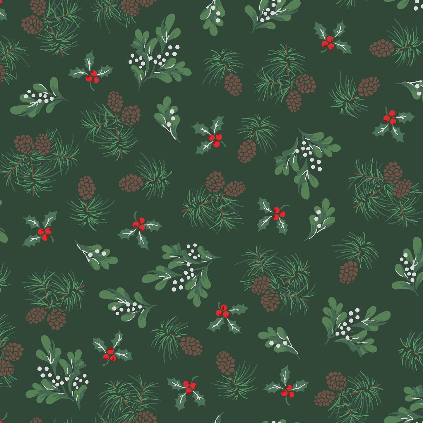 Pattern Evergreen Forest: A modern or vintage-inspired tossed print of stylized pine trees and tiny metallic accents, background Colors: Striking Green and White  from The Merry Mix collection by Maywood Studio featuring a classic Christmas color palette of snow white, berry red, and holly green. It is characterized by nostalgic holiday motifs, prancing reindeer, and florals, all elevated with shimmering metallic gold and silver accent