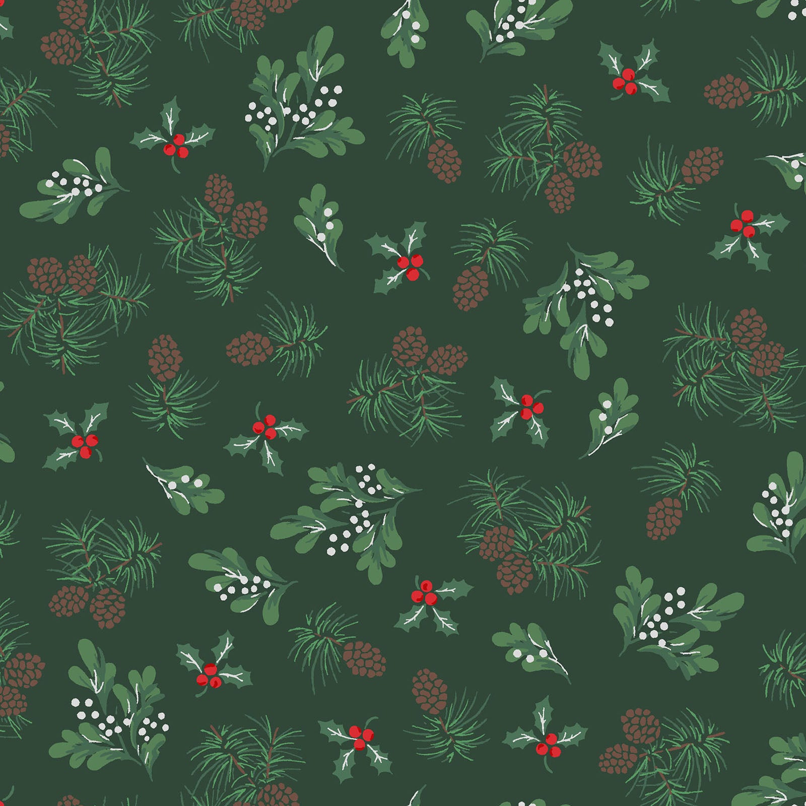 Pattern Evergreen Forest: A modern or vintage-inspired tossed print of stylized pine trees and tiny metallic accents, background Colors: Striking Green and White  from The Merry Mix collection by Maywood Studio featuring a classic Christmas color palette of snow white, berry red, and holly green. It is characterized by nostalgic holiday motifs, prancing reindeer, and florals, all elevated with shimmering metallic gold and silver accent