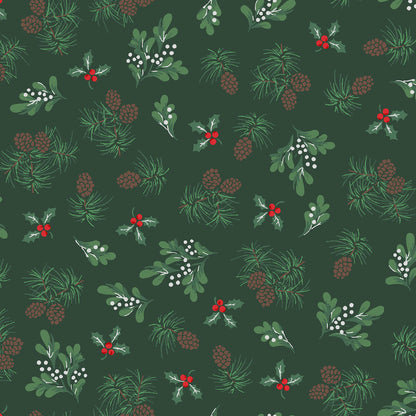 Pattern Evergreen Forest: A modern or vintage-inspired tossed print of stylized pine trees and tiny metallic accents, background Colors: Striking Green and White  from The Merry Mix collection by Maywood Studio featuring a classic Christmas color palette of snow white, berry red, and holly green. It is characterized by nostalgic holiday motifs, prancing reindeer, and florals, all elevated with shimmering metallic gold and silver accent