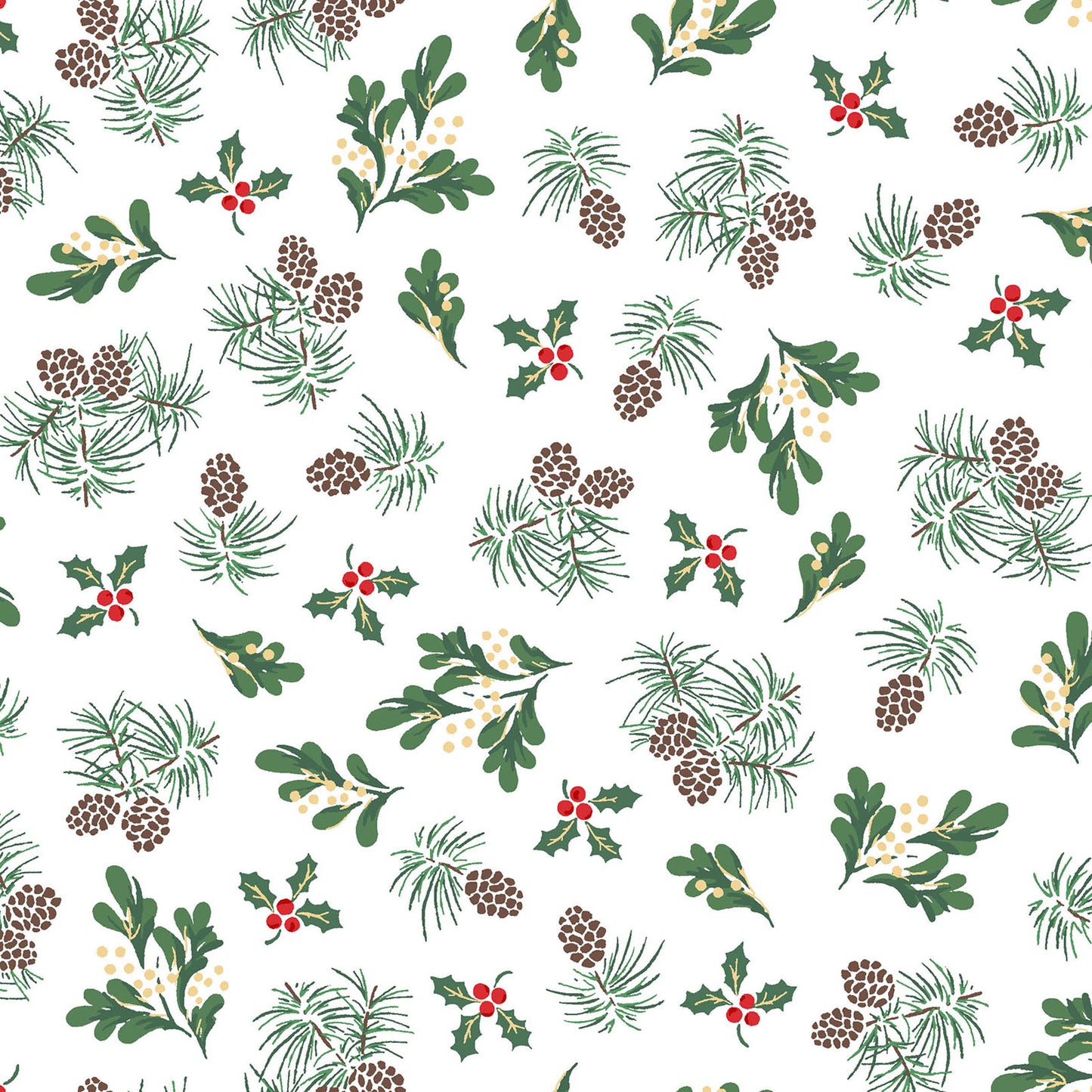 Pattern Evergreen Forest: A modern or vintage-inspired tossed print of stylized pine trees and tiny metallic accents, background Colors: Striking Green and White  from The Merry Mix collection by Maywood Studio featuring a classic Christmas color palette of snow white, berry red, and holly green. It is characterized by nostalgic holiday motifs, prancing reindeer, and florals, all elevated with shimmering metallic gold and silver accent