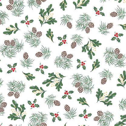 Pattern Evergreen Forest: A modern or vintage-inspired tossed print of stylized pine trees and tiny metallic accents, background Colors: Striking Green and White  from The Merry Mix collection by Maywood Studio featuring a classic Christmas color palette of snow white, berry red, and holly green. It is characterized by nostalgic holiday motifs, prancing reindeer, and florals, all elevated with shimmering metallic gold and silver accent