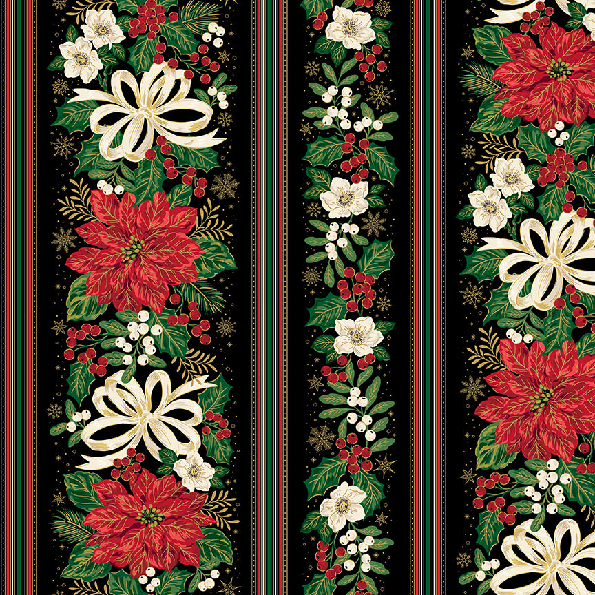 Pattern Floral Stripes Black from the Poinsettias at Christmas collection, designed by Jennifer Bosworth for Riley Blake Designs, is a gorgeous holiday fabric line. It blends traditional Christmas motifs with elegant, shimmering gold metallic foil accents. The 100% cotton fabrics are perfect for heirloom-style holiday quilts, tree skirts, stockings, table runners and so much more.