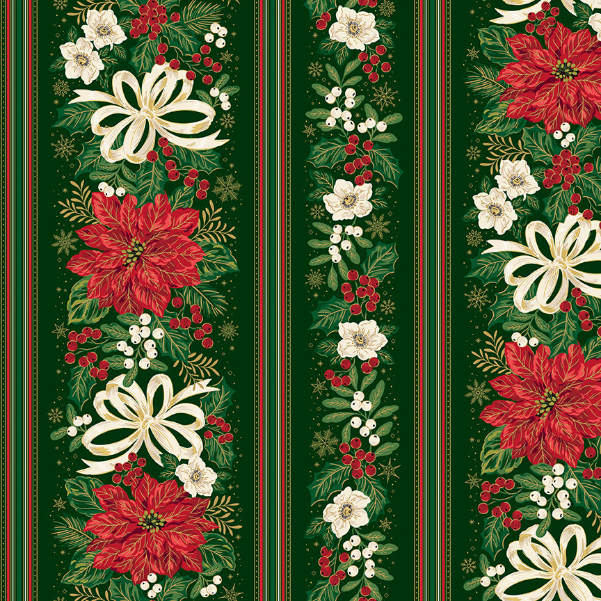 Pattern Floral Stripes green from the Poinsettias at Christmas collection, designed by Jennifer Bosworth for Riley Blake Designs, is a gorgeous holiday fabric line. It blends traditional Christmas motifs with elegant, shimmering gold metallic foil accents. The 100% cotton fabrics are perfect for heirloom-style holiday quilts, tree skirts, stockings, table runners and so much more.