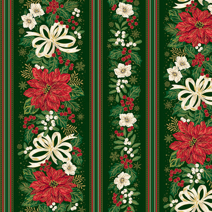 Pattern Floral Stripes green from the Poinsettias at Christmas collection, designed by Jennifer Bosworth for Riley Blake Designs, is a gorgeous holiday fabric line. It blends traditional Christmas motifs with elegant, shimmering gold metallic foil accents. The 100% cotton fabrics are perfect for heirloom-style holiday quilts, tree skirts, stockings, table runners and so much more.