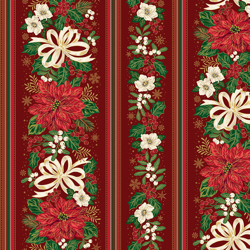 Pattern Floral Stripes Red from the Poinsettias at Christmas collection, designed by Jennifer Bosworth for Riley Blake Designs, is a gorgeous holiday fabric line. It blends traditional Christmas motifs with elegant, shimmering gold metallic foil accents. The 100% cotton fabrics are perfect for heirloom-style holiday quilts, tree skirts, stockings, table runners and so much more.