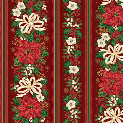 Pattern Floral Stripes Red from the Poinsettias at Christmas collection, designed by Jennifer Bosworth for Riley Blake Designs, is a gorgeous holiday fabric line. It blends traditional Christmas motifs with elegant, shimmering gold metallic foil accents. The 100% cotton fabrics are perfect for heirloom-style holiday quilts, tree skirts, stockings, table runners and so much more.
