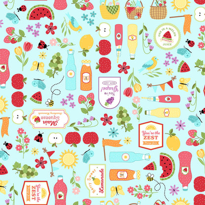 Pattern Focal Print (available in both Aqua Blue and White)  is an illustrative, whimsical design featuring ripe summer fruits, overflowing picnic baskets, and sweet vintage glasses of lemonade from The Sippin' on Sunshine collection by Kimberbell for Maywood Studio celebrates summer with playful picnic and warm-weather motifs. This collection features bright citrus slices, refreshing drinks, gingham checks, and ditsy florals across a vibrant palette of sky blue, lemon yellow, pink, and red.