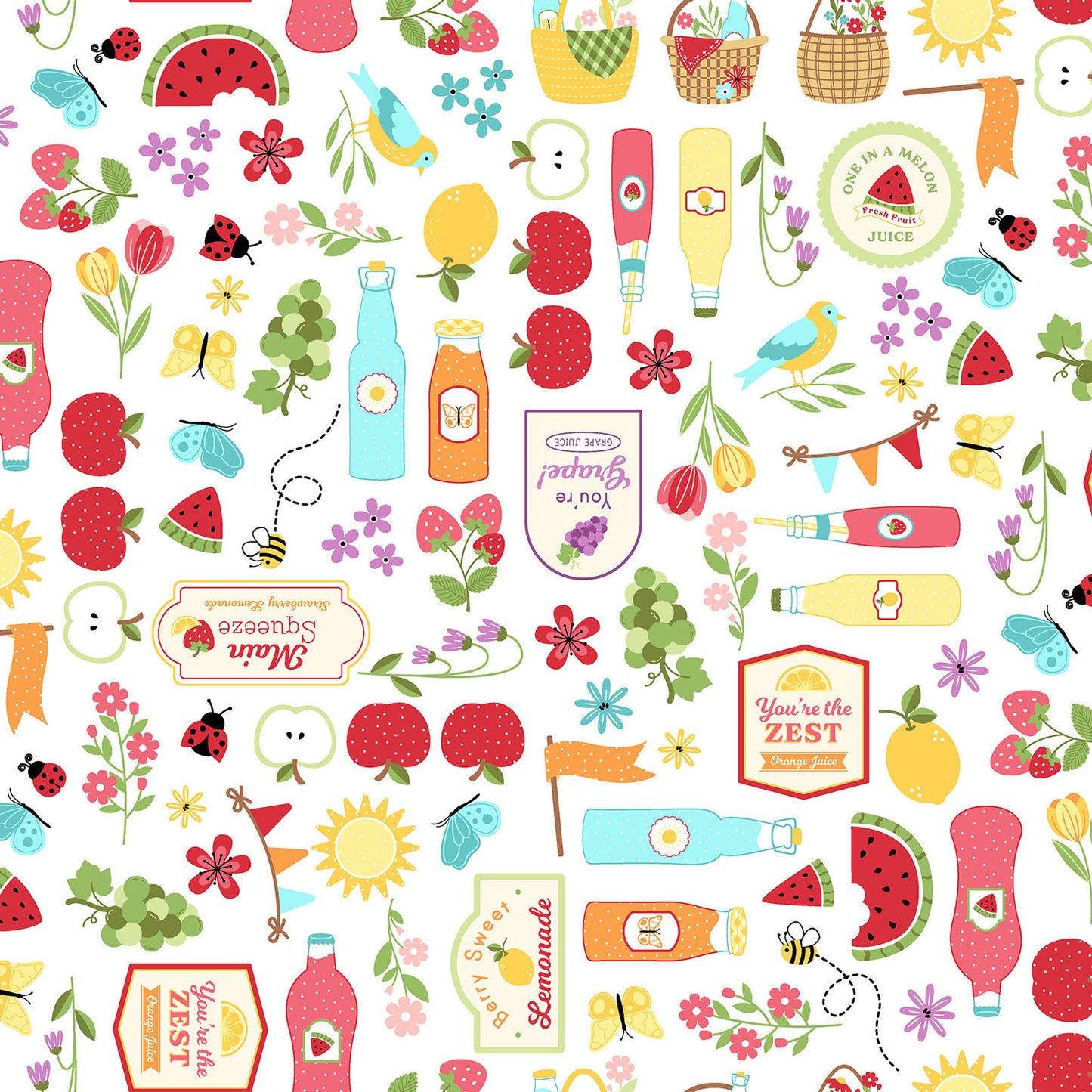 Pattern Focal Print (available in both Aqua Blue and White)  is an illustrative, whimsical design featuring ripe summer fruits, overflowing picnic baskets, and sweet vintage glasses of lemonade from The Sippin' on Sunshine collection by Kimberbell for Maywood Studio celebrates summer with playful picnic and warm-weather motifs. This collection features bright citrus slices, refreshing drinks, gingham checks, and ditsy florals across a vibrant palette of sky blue, lemon yellow, pink, and red.