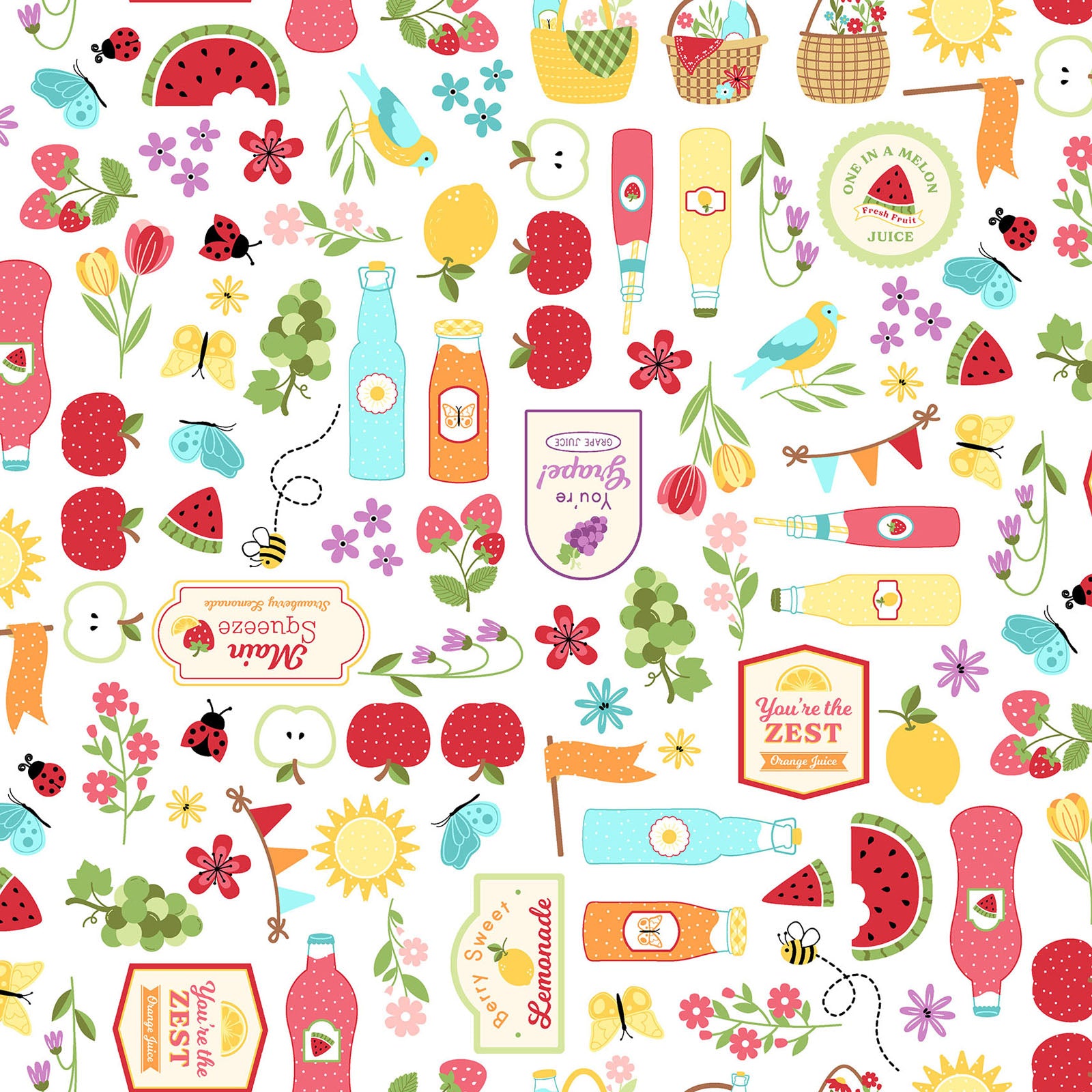 Pattern Focal Print (available in both Aqua Blue and White)  is an illustrative, whimsical design featuring ripe summer fruits, overflowing picnic baskets, and sweet vintage glasses of lemonade from The Sippin' on Sunshine collection by Kimberbell for Maywood Studio celebrates summer with playful picnic and warm-weather motifs. This collection features bright citrus slices, refreshing drinks, gingham checks, and ditsy florals across a vibrant palette of sky blue, lemon yellow, pink, and red.