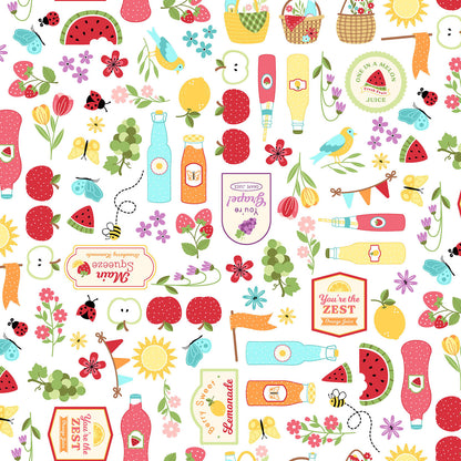 Pattern Focal Print (available in both Aqua Blue and White)  is an illustrative, whimsical design featuring ripe summer fruits, overflowing picnic baskets, and sweet vintage glasses of lemonade from The Sippin' on Sunshine collection by Kimberbell for Maywood Studio celebrates summer with playful picnic and warm-weather motifs. This collection features bright citrus slices, refreshing drinks, gingham checks, and ditsy florals across a vibrant palette of sky blue, lemon yellow, pink, and red.