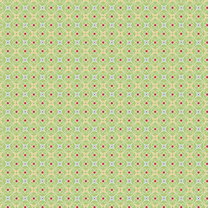 Pattern Wrapping Paper: A geometric, interlocking gift box and ribbon pattern with backgrounds: Blue, Green, and Yellow from the Cozy Christmas collection by Lori Holt for Riley Blake Designs is a vintage-inspired holiday line. It features festive motifs like snowmen, reindeer, recipes, and seasonal florals, typically produced in bright traditional colorways.