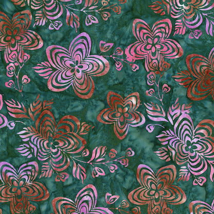 Pattern Garden Party from The Expressions Batiks - Ink & Nectar collection by Riley Blake Designs features authentic hand-dyed fabrics with double tjap designs. Known for their sophisticated texture, these cotton and rayon prints incorporate small pops of color over diverse background shades. These patterns frequently combine overlapping organic motifs like florals, leaves, and abstract line work onto these base colors.